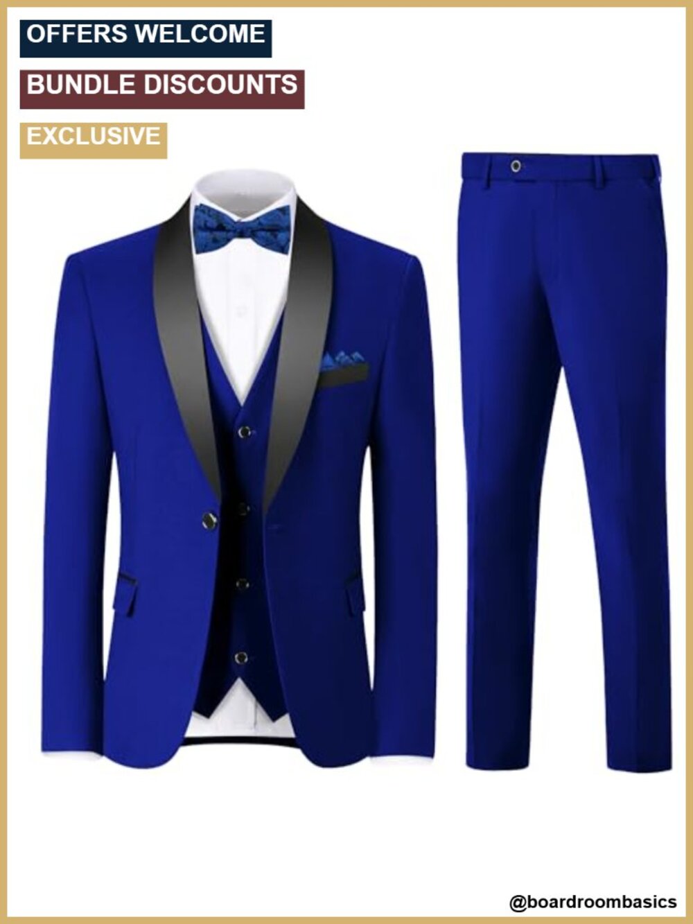 Men's 3 Piece Slim Fit Tuxedo Set with Bow Tie and Pocket Square Shawl Lapel